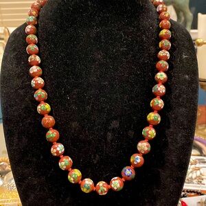 ChineseCloisonné Beaded Necklace.Red Background and Multicolored Flowers.Silk